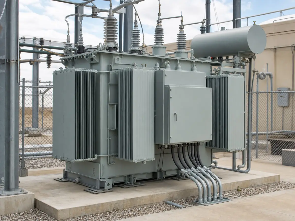 Outdoor distribution transformer installed on a concrete pad